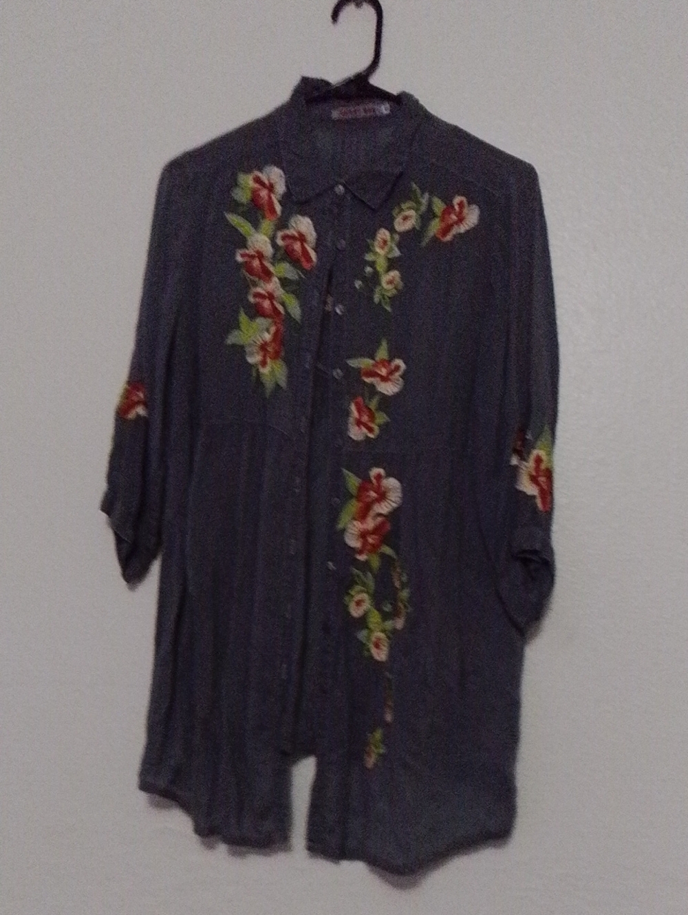 Johnny Was Charcoal Floral Embroidered Button-Up Blouse